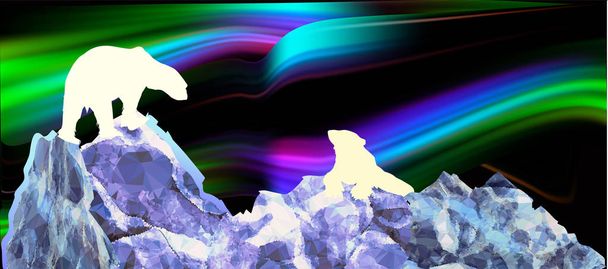 Pohjoinen maisema jääkarhujen ja revontulien silueteilla
 - Vektori, kuva
