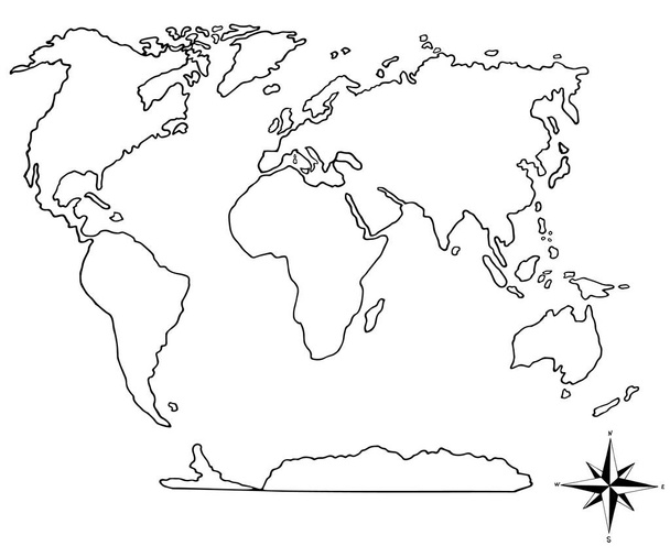 Mapa do mundo e bússola desenhada à mão
 - Vetor, Imagem