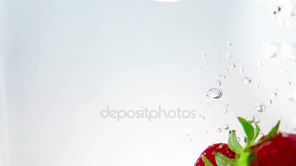 red fresh fruit strawberries falling into water with splash on white background, strawberry for health and diet, nutrition  - Séquence, vidéo