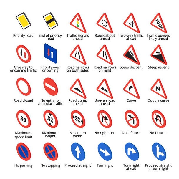 Isometric european traffic signs. Vector road icons collection. - Vector, Image