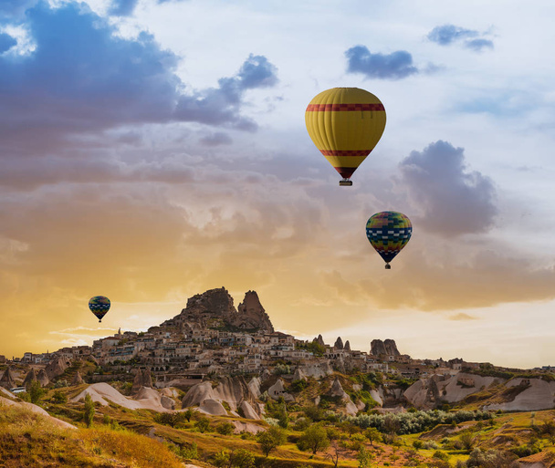 Colorful hot air balloons over valley Cappadocia - 写真・画像