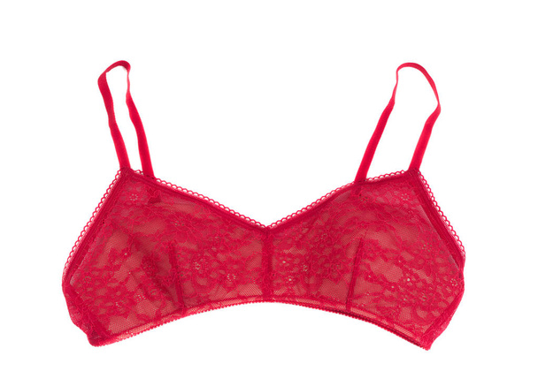 Red lace bra isolated on white - Фото, изображение