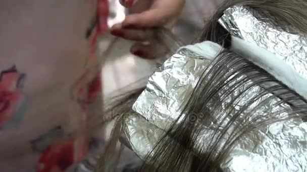 美容室の女性ヘアスタイリストが髪を染め - 映像、動画