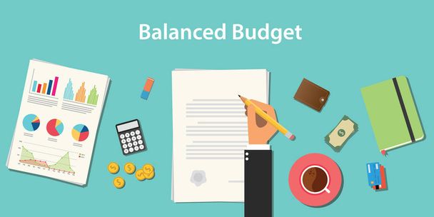 ilustración equilibrada del presupuesto con el hombre de negocios que trabaja en el documento en papel con el gráfico de papeleo del gráfico monetario
 - Vector, imagen