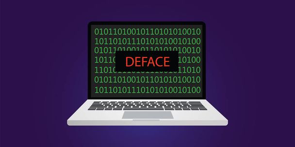Deface Website Hacking-Konzept Illustration mit Laptop oder Notebook und Programmiercode mit binären Zeichen 0 und 1 - Vektor, Bild