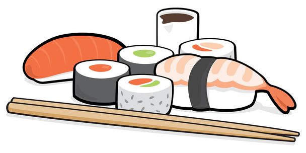Group of sushi pieces with chopsticks - Διάνυσμα, εικόνα
