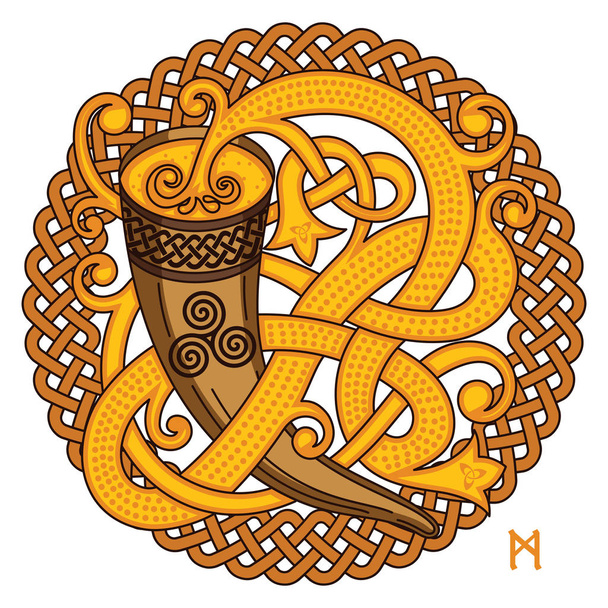 Keltisch, Scandinavisch ontwerp. Drinkhoorn met honingwijn en geweven patroon - Vector, afbeelding