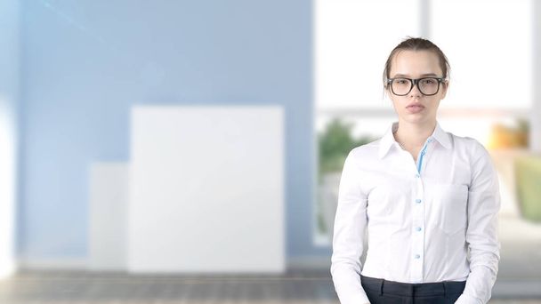 Young beautiful business woman and creative designer standing over blured interior background - Фото, зображення