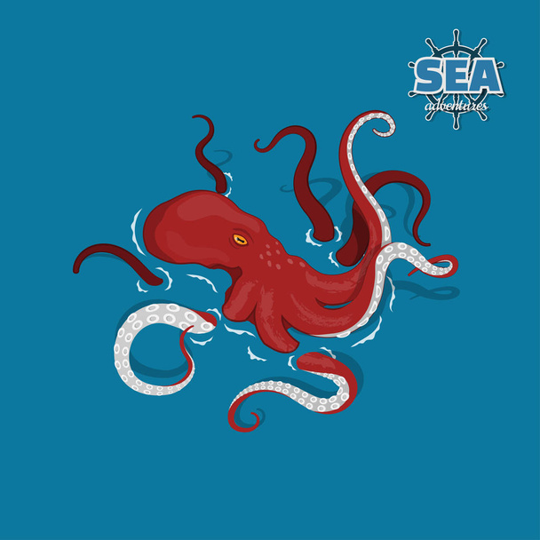 Gigantyczną ośmiornicą czerwony na białym tle. Sea monster Krakena w stylu cartoon. Piracka gra. obraz 3D - Wektor, obraz
