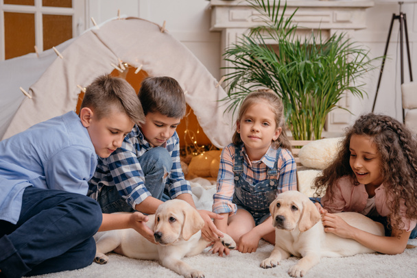 multiethnic children with labrador puppies - Photo, Image