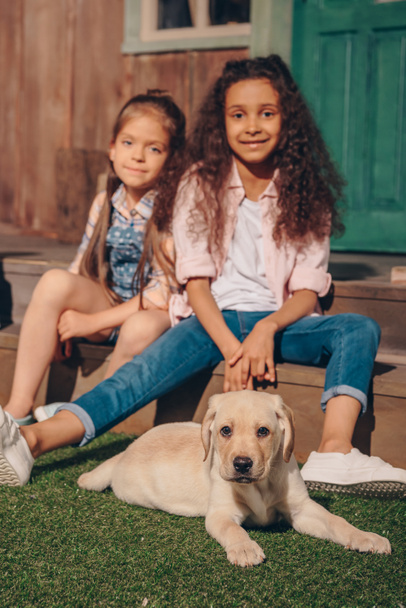 multiethnic girls with puppy - Fotó, kép