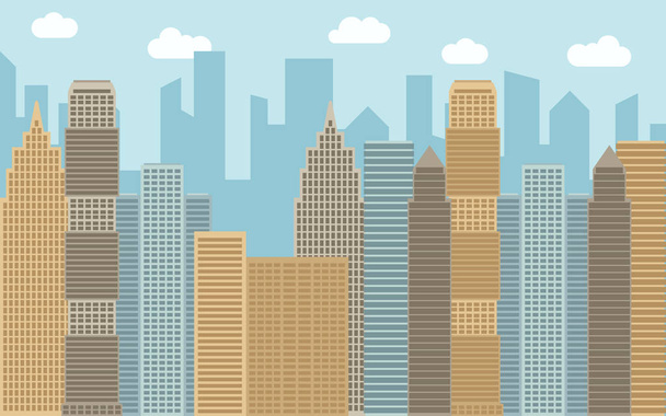 Vektor städtische Landschaft Illustration. Straßenansichten mit Stadtbild, Wolkenkratzern und modernen Gebäuden bei sonnigem Wetter. - Vektor, Bild