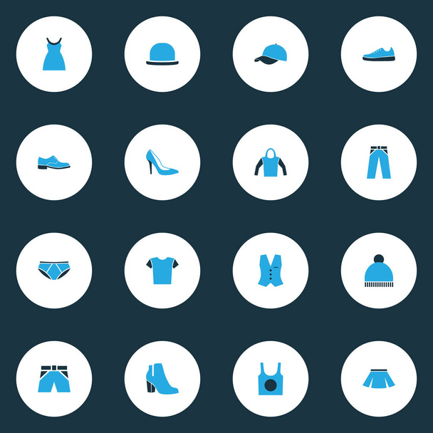 Garment Colorful Icons Set. Collection Of Trousers, Vest, Female Boots And Other Elements. Also Includes Symbols Such As Gumshoes, Girl, Hat. - Vector, Image