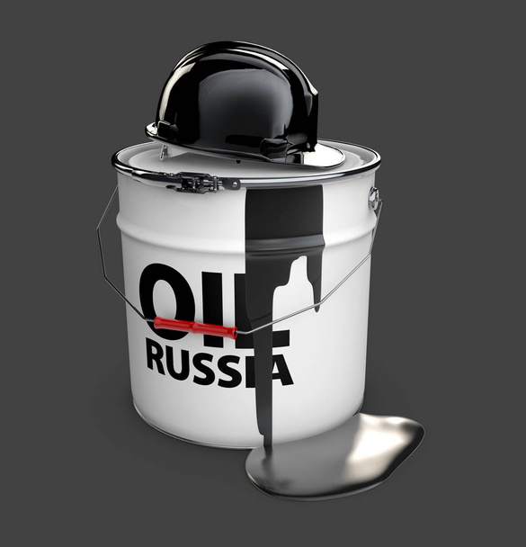 3D-Abbildung des Helms auf dem Fass russischen Öls, isoliert schwarz - Foto, Bild