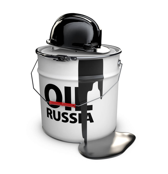 Helm auf dem Fass russischen Öls, 3d Illustration isoliert weiß - Foto, Bild