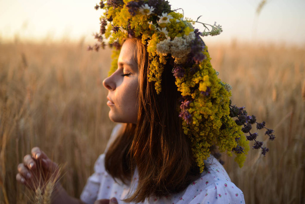 güneşli çayırda çiçek çelenk güzel kız. Bağlantı noktası - Fotoğraf, Görsel