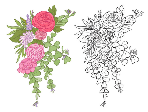 Set van gekleurde en overzicht boeket van bloemen - Vector, afbeelding