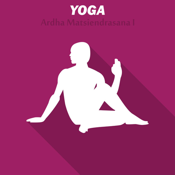 ardha matsiendrasana. Yoga-Workout-Symbol mit langem Schatten. Vektorillustration - Vektor, Bild