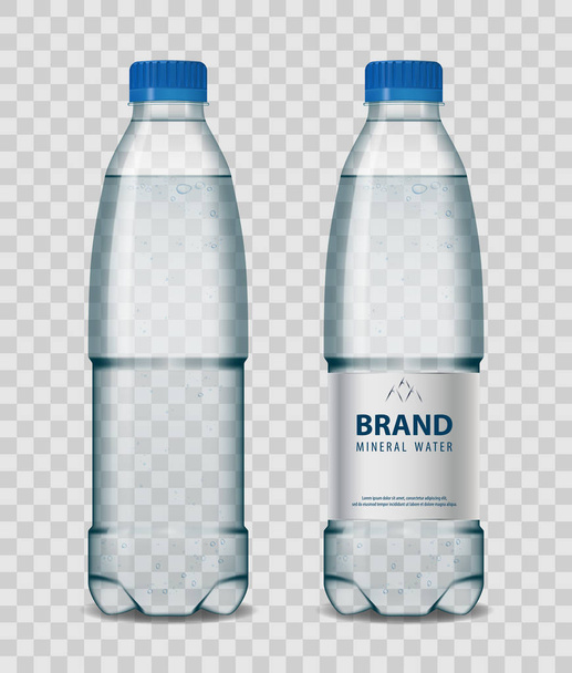 Botella de plástico con agua mineral con tapa azul sobre fondo transparente. Botella realista maqueta vector ilustración
. - Vector, imagen