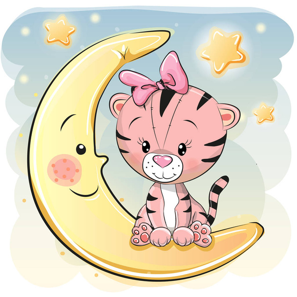 Cute Cartoon Tiger on the moon - ベクター画像