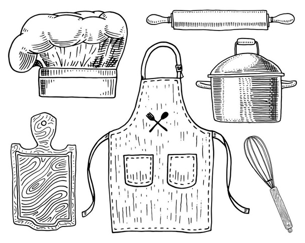 Apron or pinaphora and Hood, rolling pin and saucepan or corolla, wooden board. Chef and kitchen utensils, cooking stuff for menu decoration. engraved hand drawn in old sketch and vintage style. - Vector, Imagen