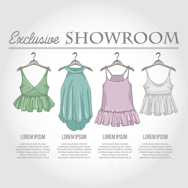 Color showroom set of woman casual clothes - Vettoriali, immagini