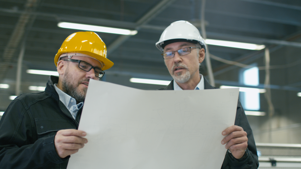 Two engineers in hardhats discuss a blueprint while standing in a factory. - Footage, Video