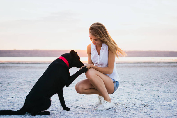 Genç kadın eğitim labrador retriever köpek gün batımında sahilde - Fotoğraf, Görsel