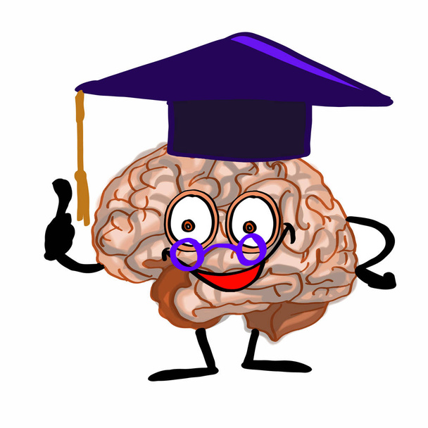 Brain wearing cap and thinking balloon illustration drawing and white background - Photo, Image