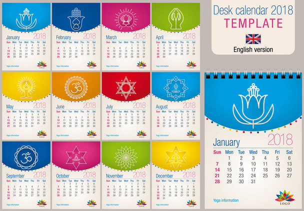 nützlicher Schreibtischkalender 2018 bunte Vorlage mit Yoga- und Reiki-Symbolen. Größe: 150mm x 210mm. Format a5 vertikal. englische Version - Vektor, Bild