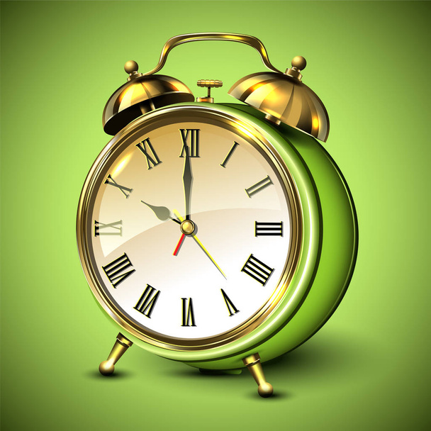 Green retro style alarm clock on green background. - Вектор,изображение