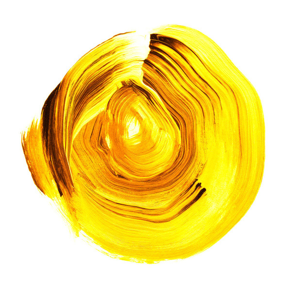 Yellow black, primrose textured acrylic circle. Watercolour stain on white background. - Фото, зображення