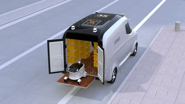 Delivery van releasing self-driving robots and drone - Footage, Video