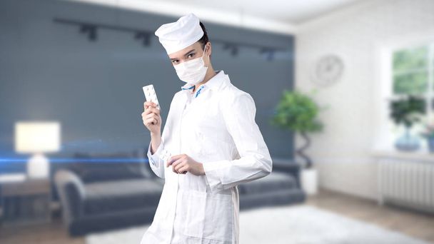 Beautiful medical woman doctor in uniform. Studio painted background. Concept of profitable health care. - Фото, зображення