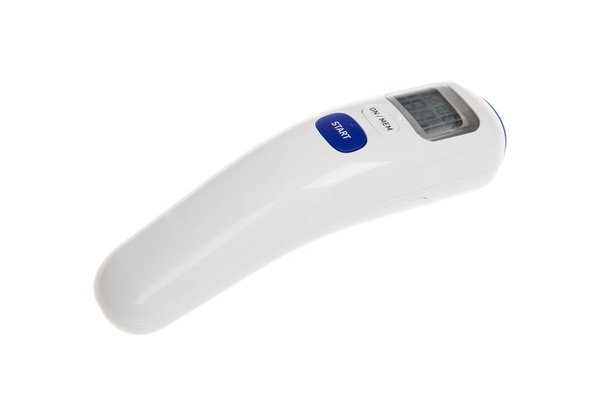 電子医療赤外線温度計、額、白で隔離 - 写真・画像