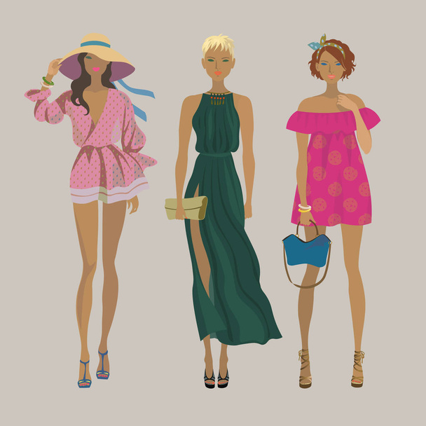 Stylish summer girls.Fashion models. - Vector, Image