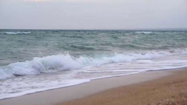 Wave spray plons over strand op blauwe zee. Zachte wave op het zandstrand. Zee-zonsondergang - Video