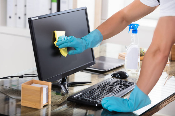 Janitor Cleaning Computer Screen - Photo, Image