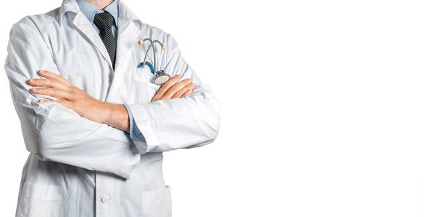 Primer plano Doctor masculino con estetoscopio. Concepto de Medicina Sanitaria aislado sobre fondo blanco
 - Foto, Imagen