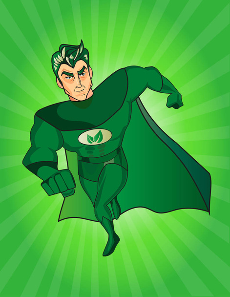 Bir çizgi film süper kahraman karakteri bir yeşil cape ve kostüm ve bir sembol göğsüne yapraklar - Vektör, Görsel