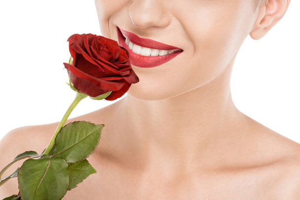 woman with red rose - Zdjęcie, obraz