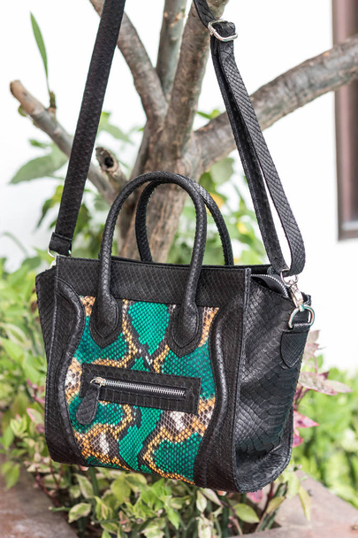Закрыть стильную самку змеиного питона роскошной сумкой на улице. Модная дорогая женская сумка в высоком стиле
. - Фото, изображение