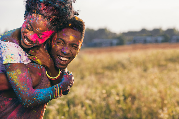 african american couple at holi festival - Photo, Image