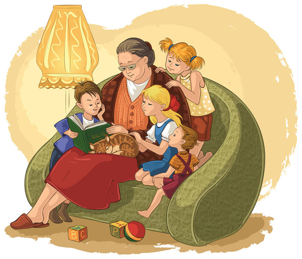 Netos ouvindo sua avó lendo um livro contos de fadas
 - Vetor, Imagem