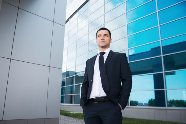 επιχειρηματίας που στέκεται στο παρασκήνιο από το επιχειρηματικό κέντρο - Φωτογραφία, εικόνα