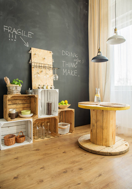 DIY furniture from crates and cable stool - Φωτογραφία, εικόνα