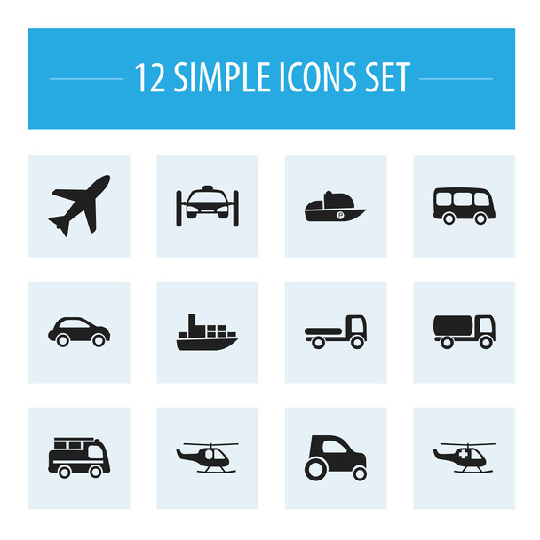 Zestaw 12 ikon edycji transportu. Zawiera symbole, takie jak statek, części samochodów, wycieczki autobusowe i więcej. Mogą być używane dla sieci Web, mobilnych, interfejsu użytkownika i Infographic Design. - Wektor, obraz