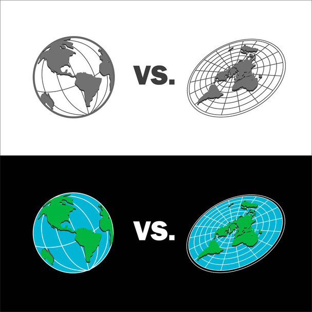 Карта Плоская Земля против Сферы Земли. Изолированная векторная иллюстрация
. - Вектор,изображение
