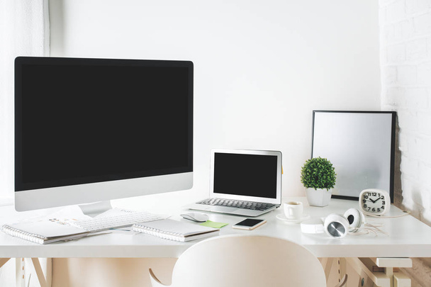White designer workplace with computer and laptop  - Φωτογραφία, εικόνα