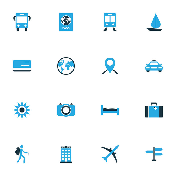 Exploration Colorful Icons Set. Collection Of Map Pin, Airplane, Bank Card And Other Elements. Also Includes Symbols Such As Tourist, Bus, Traveler. - Vector, afbeelding